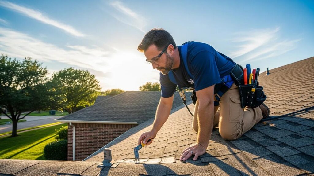 Professional roofing contractor inspecting a roof in Arlington, Texas