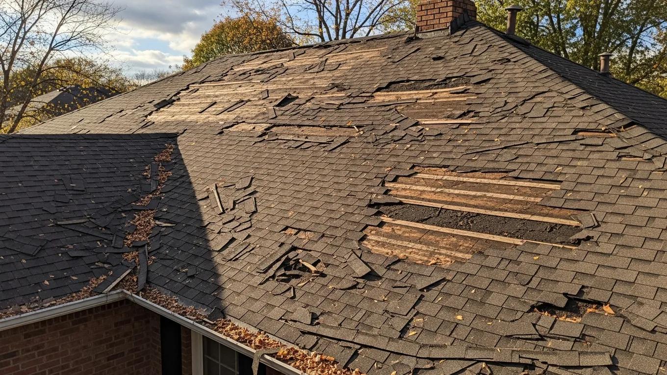 Close-up of broken and missing shingles on a residential roof