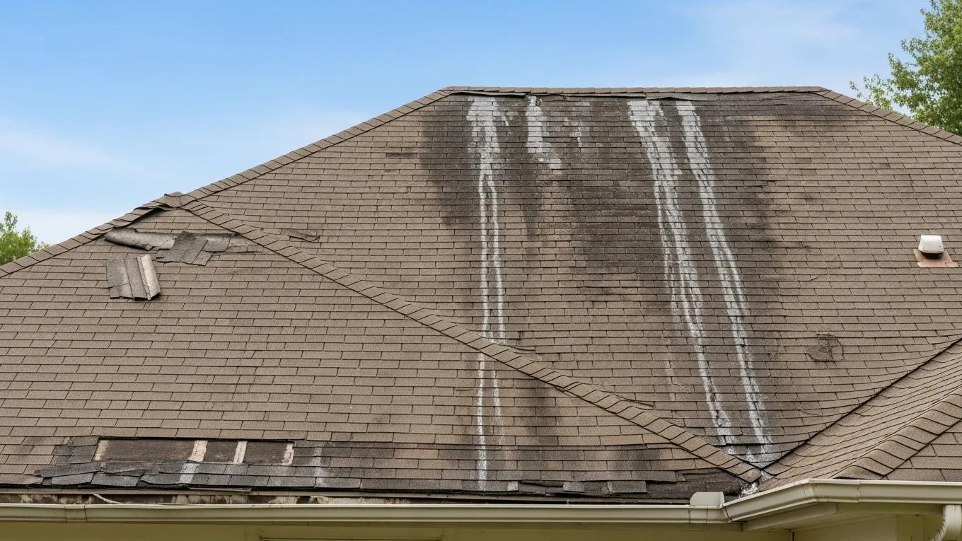Close-up view of a damaged residential roof with missing shingles and water stains