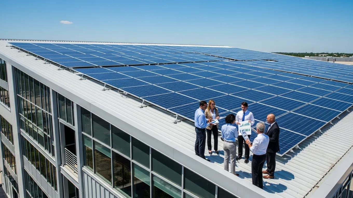 Commercial building with solar roofing system, highlighting business collaboration