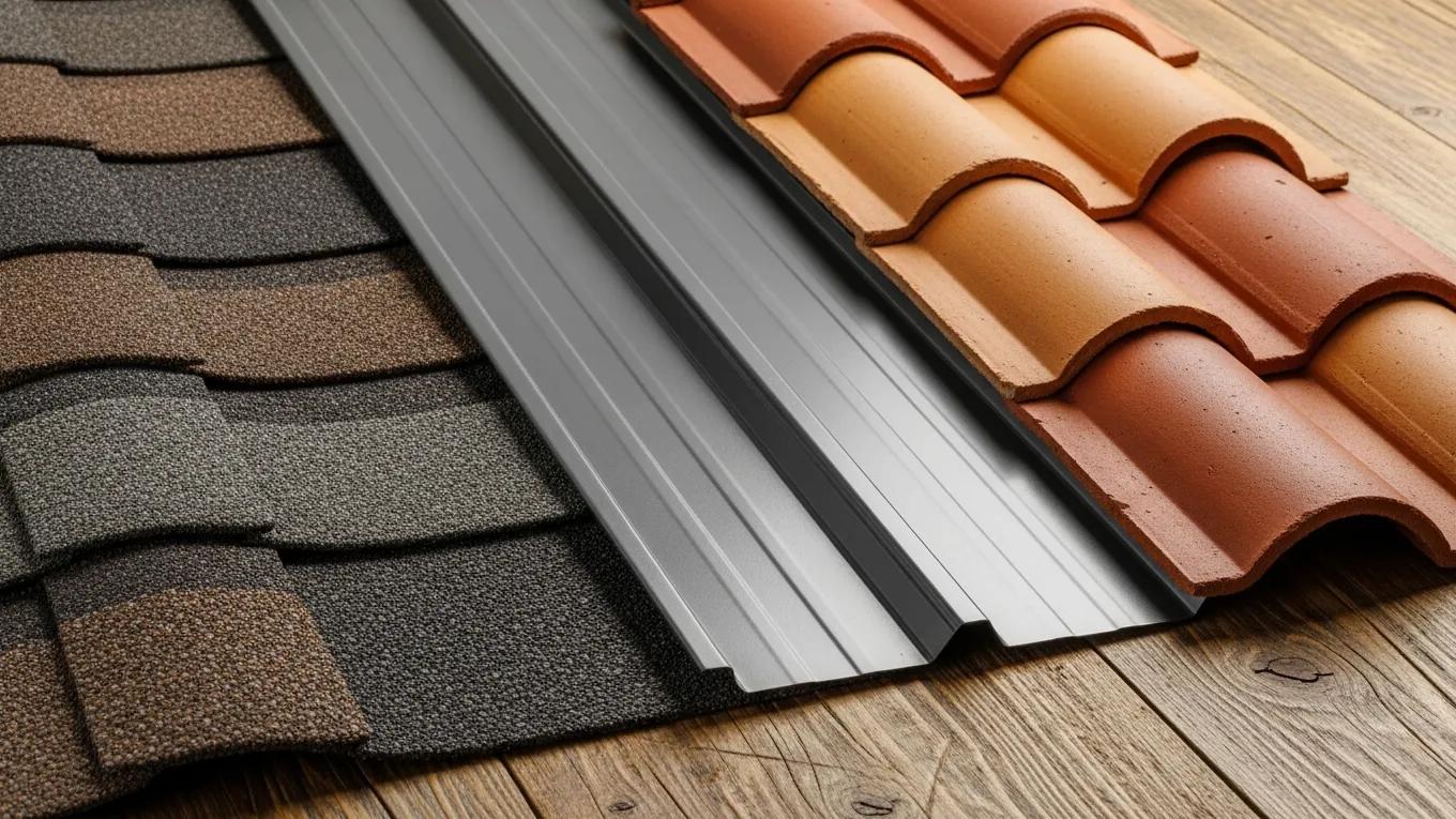Different roofing materials including asphalt shingles, metal roofing, and tile