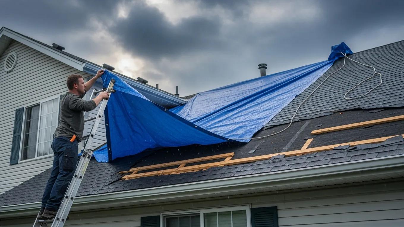 Homeowner applying tarp for temporary roof protection during emergency repairs