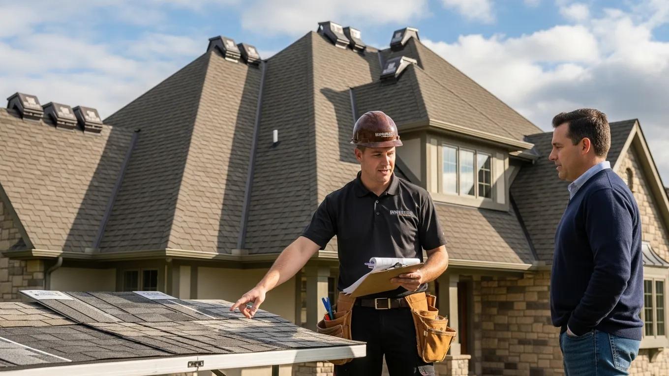 Homeowner consulting with a licensed roofing contractor about roofing options