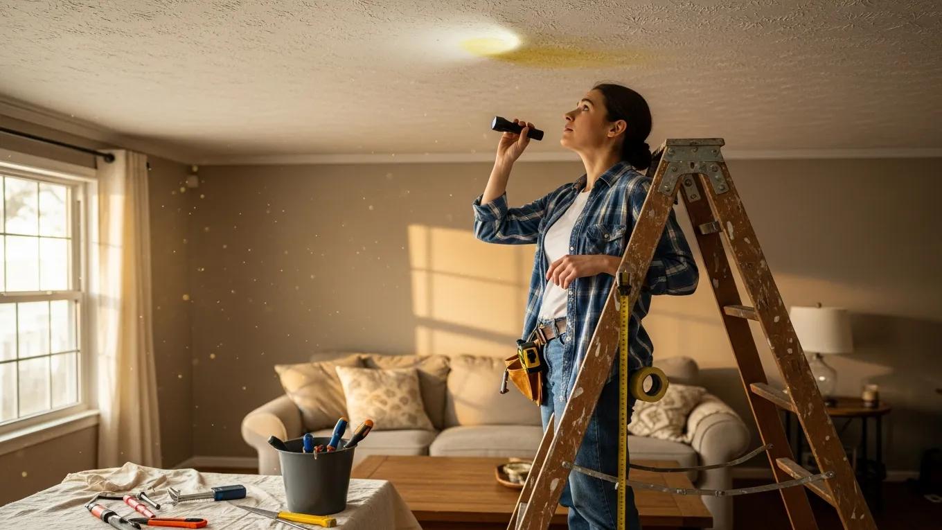 Homeowner inspecting ceiling for water stains indicating roof leaks