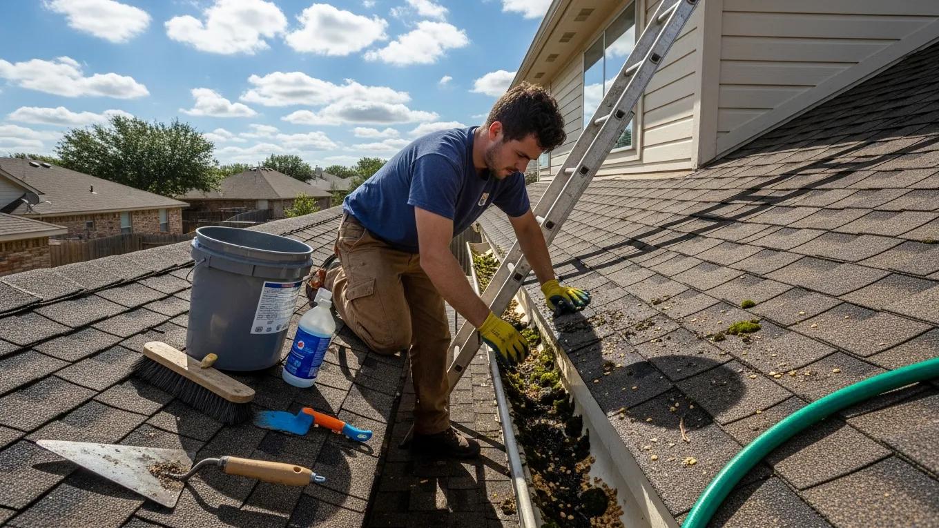 Homeowner performing roof maintenance, emphasizing the importance of regular inspections and upkeep