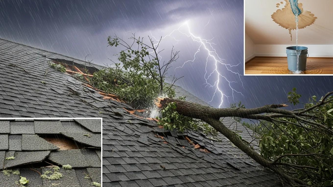 Illustration of various causes of roof emergencies including storm damage and neglect