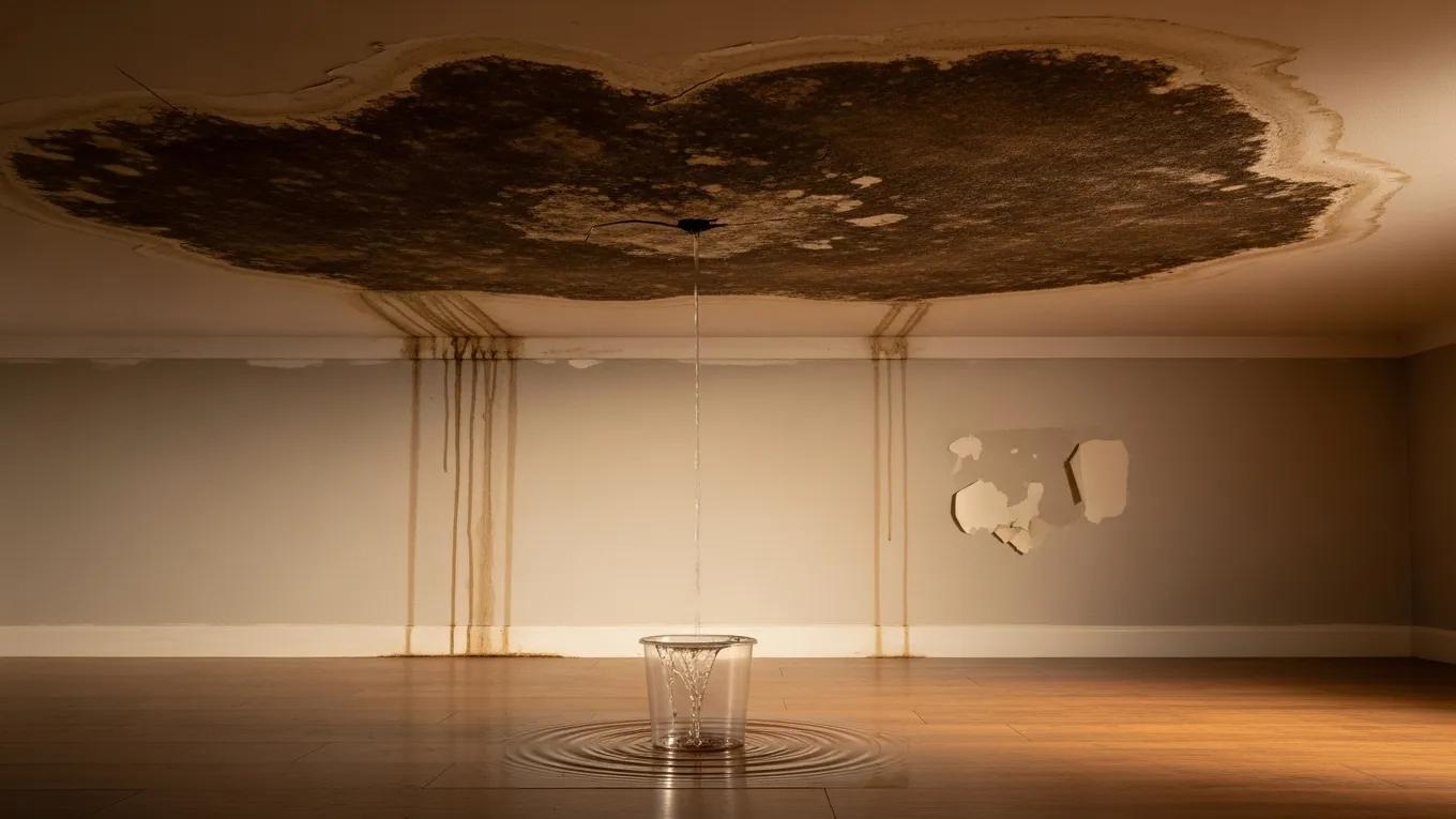 Interior view showing water stains on a ceiling indicating roof leaks