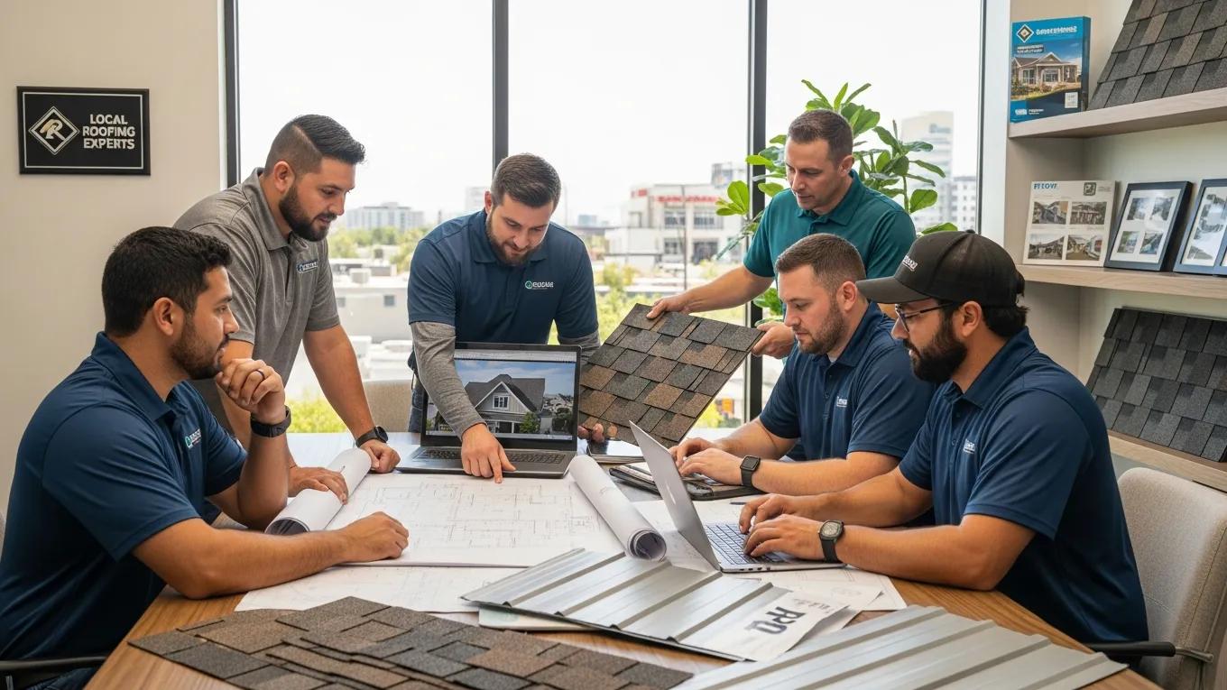 Local roofing contractors collaborating on project plans and materials