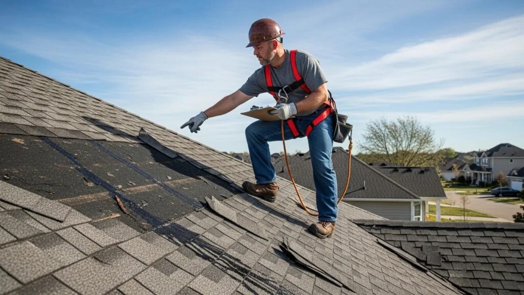 Professional roofer assessing storm damage on a residential roof