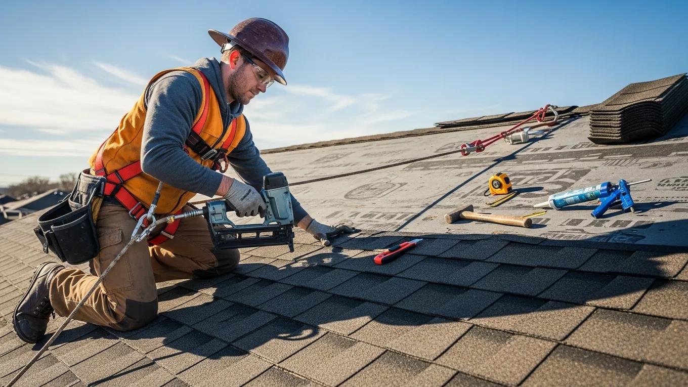 Professional roofer repairing a roof, highlighting urgent roofing services