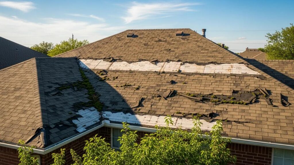 Residential roof in Arlington showing signs of damage and wear, emphasizing the need for repair or replacement