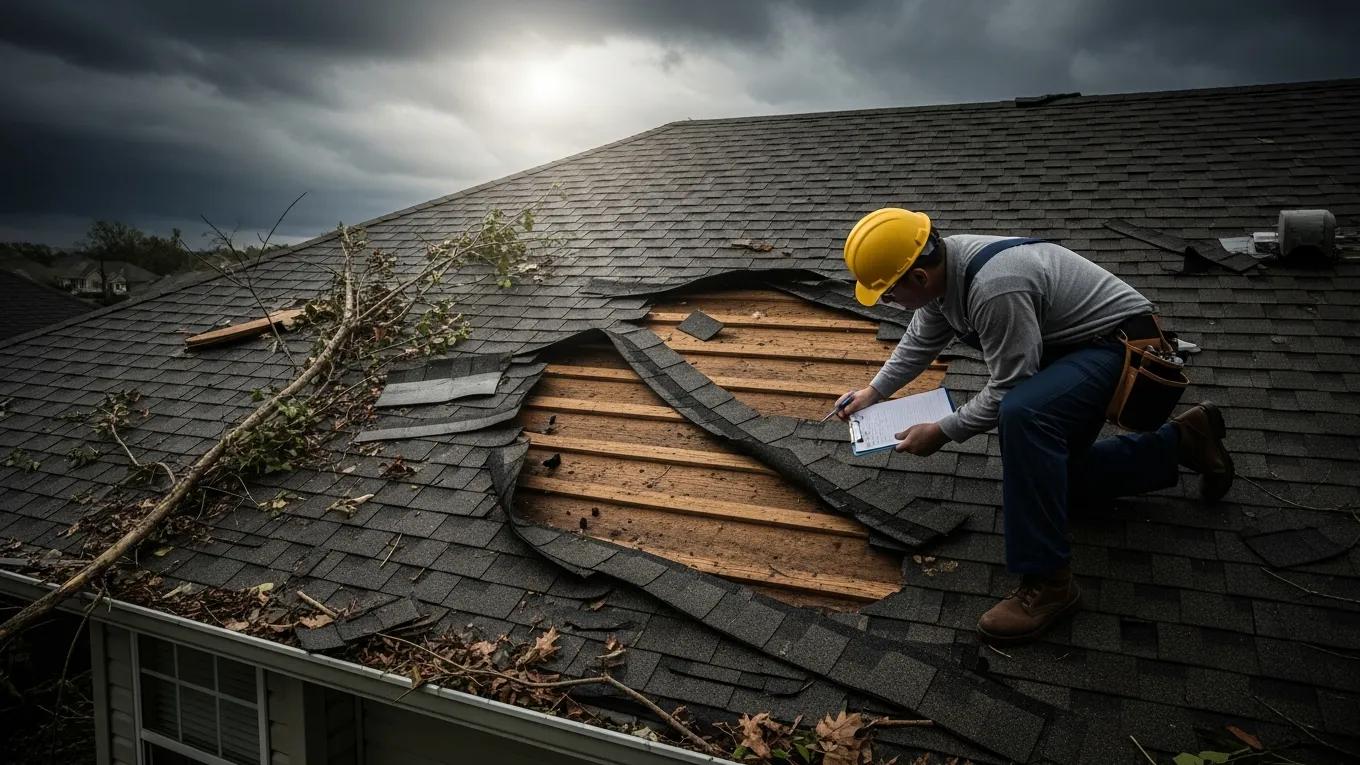 Roof showing storm damage with broken shingles and debris after a storm