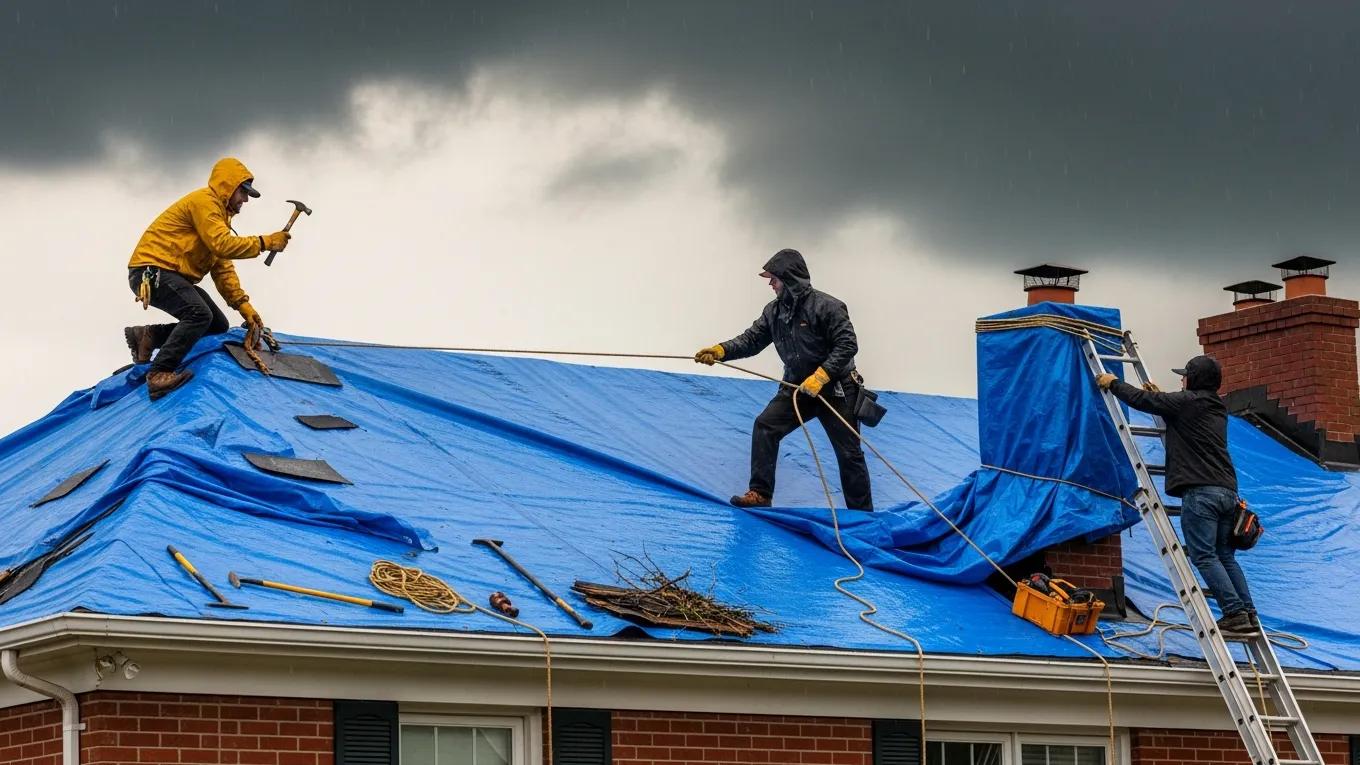 Roofers applying a tarp over a damaged roof to prevent water intrusion