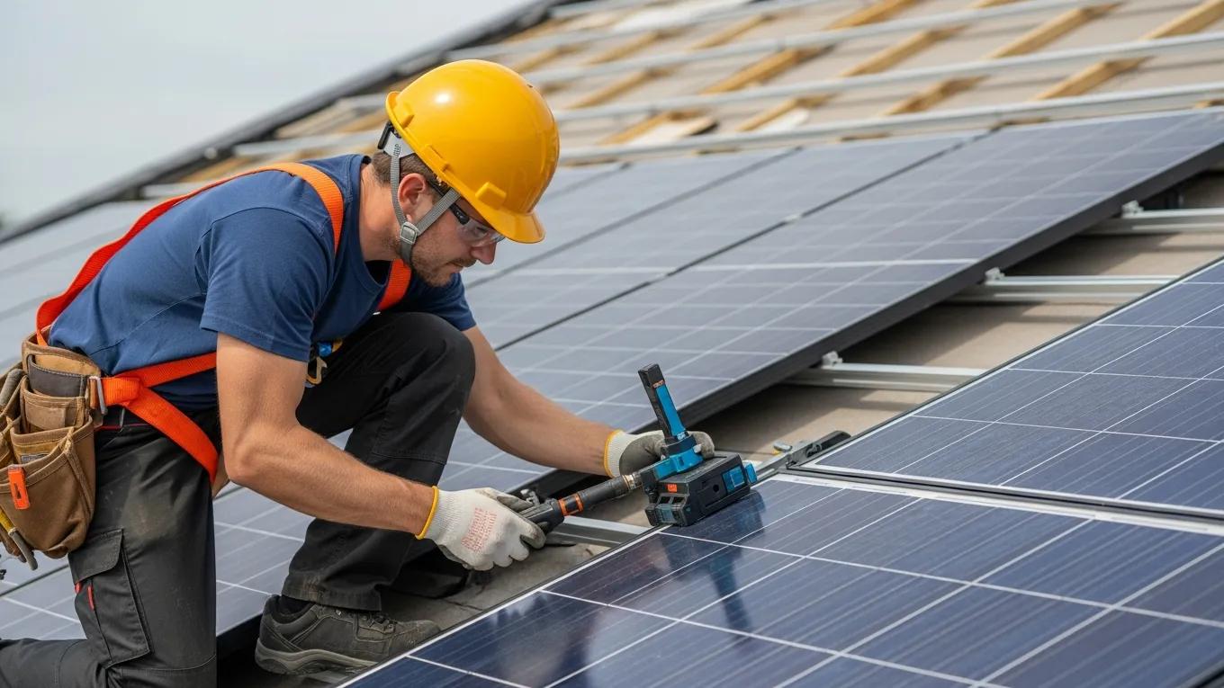 Technician installing solar panels on a roof, showcasing quality workmanship