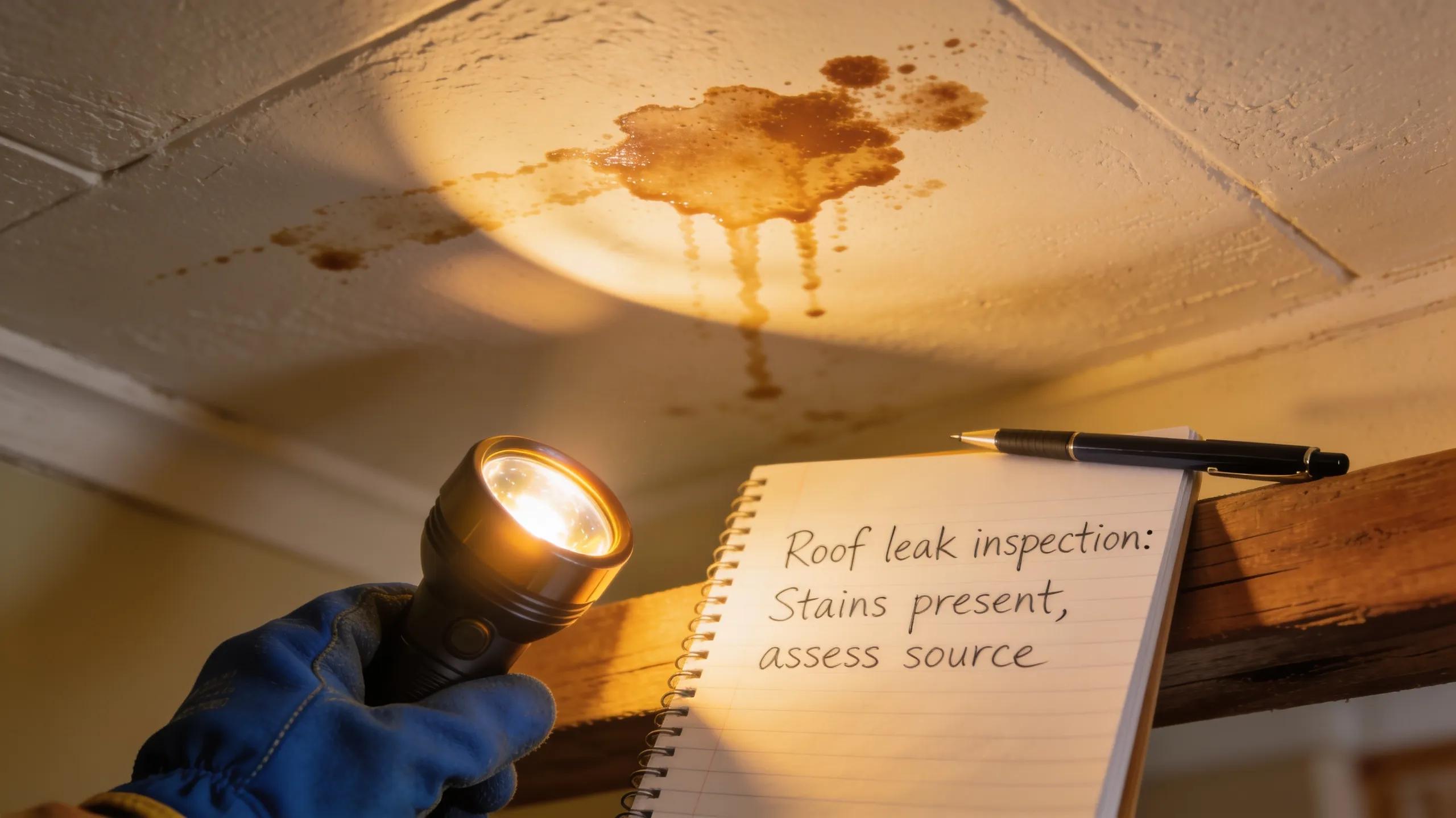 Ceiling with water stains and inspection tools, highlighting the importance of identifying roof leaks