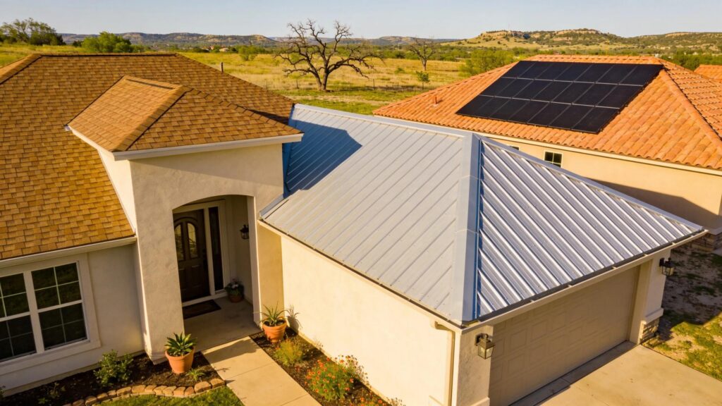 Residential home in Fort Worth featuring diverse roofing materials like asphalt shingles, metal, and tile, emphasizing roofing choices and energy efficiency