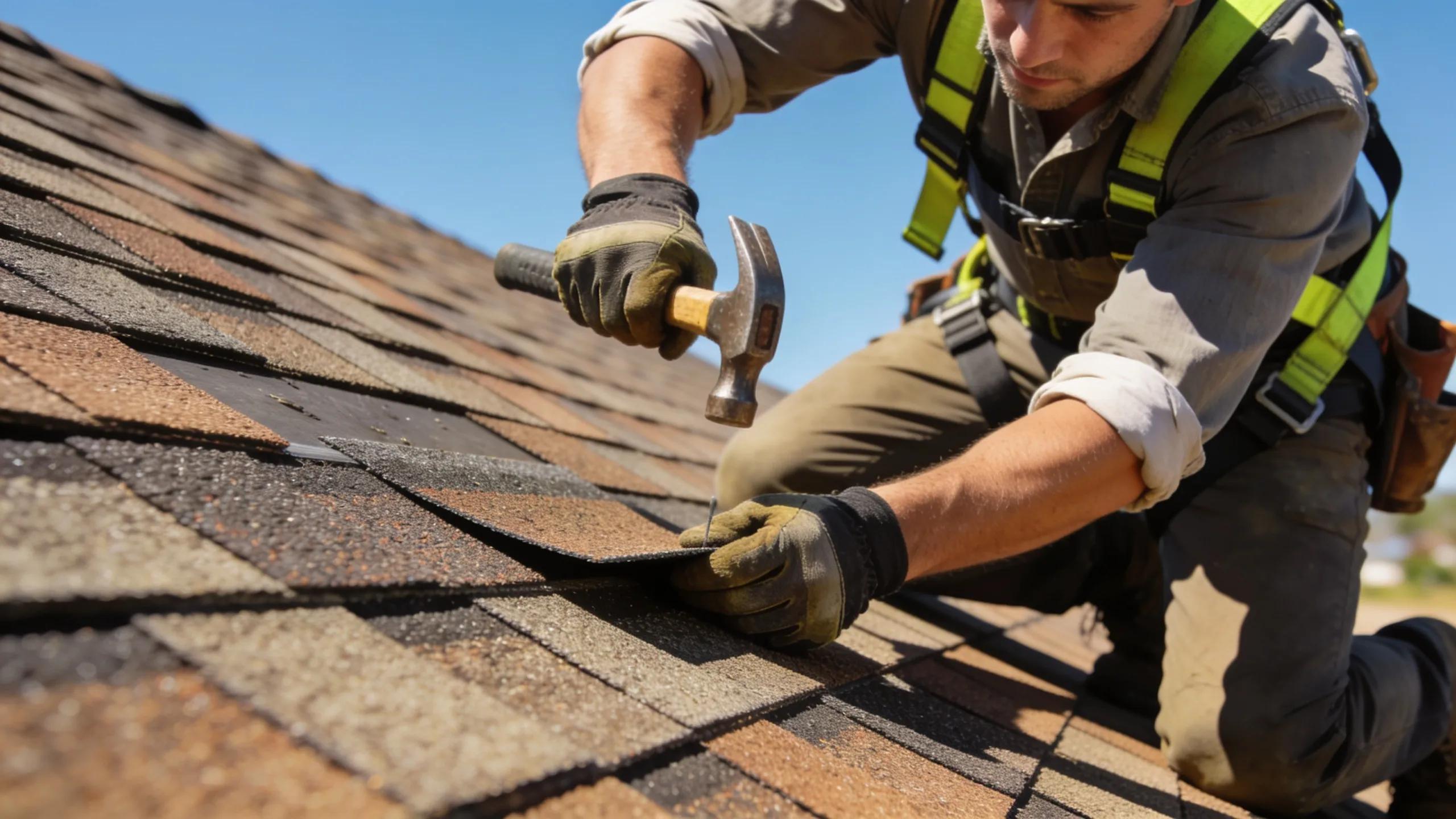 Roofing contractor installing asphalt shingles, showcasing the texture and installation process of affordable roofing materials