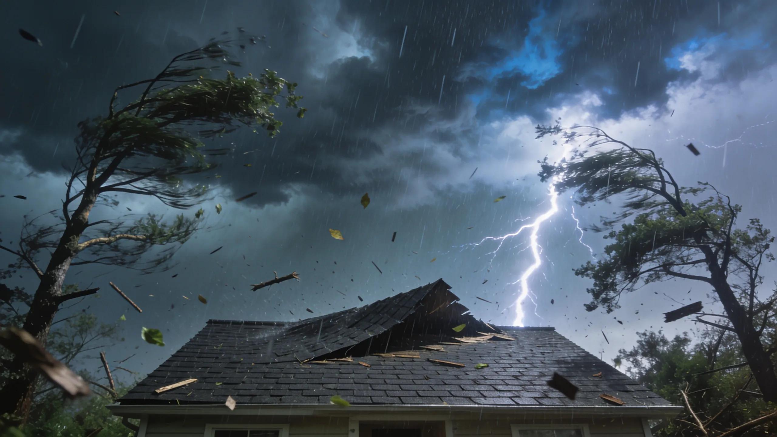 Stormy weather impacting a residential roof, illustrating the urgency of roof maintenance during severe conditions