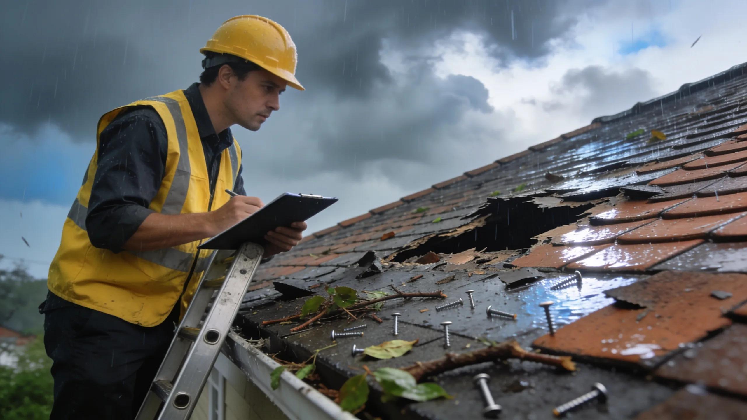 Roof inspection scene post-storm showcasing missing shingles and signs of damage