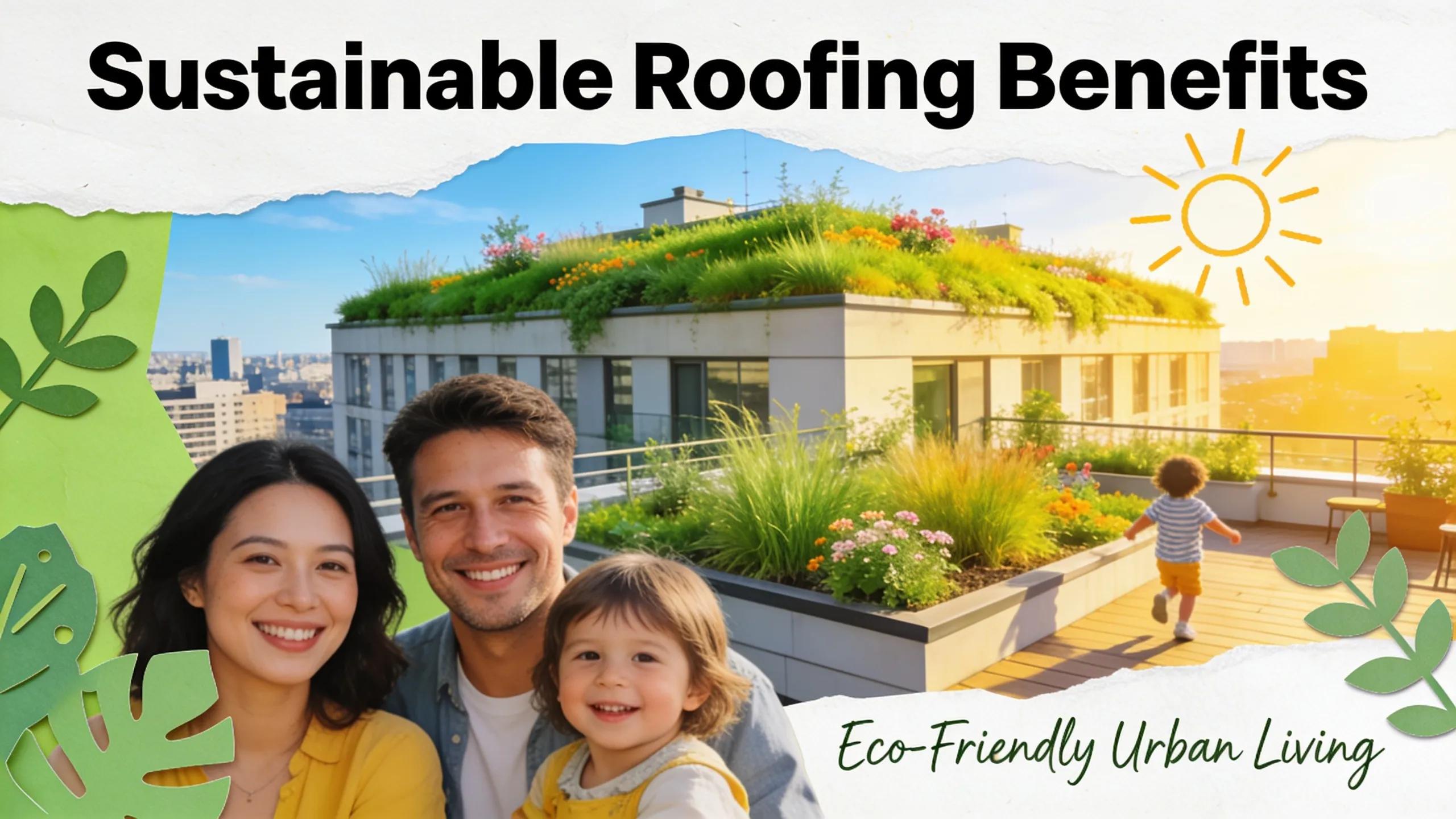 Visual representation of benefits of sustainable roofing with green roofs and happy homeowners