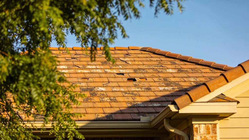 Residential roof showing signs of wear under a clear sky, highlighting the need for roof maintenance
