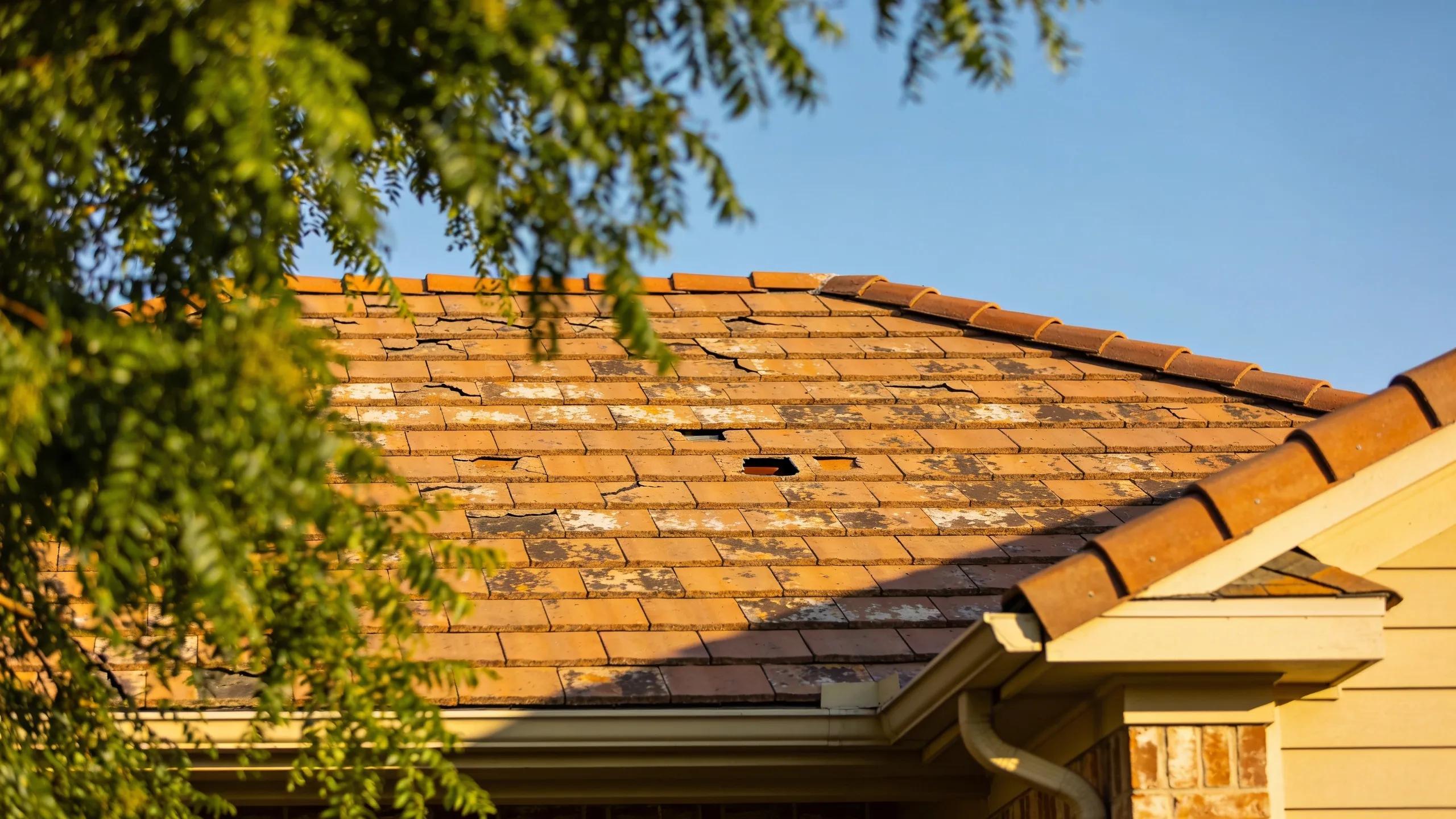 Residential roof showing signs of wear under a clear sky, highlighting the need for roof maintenance