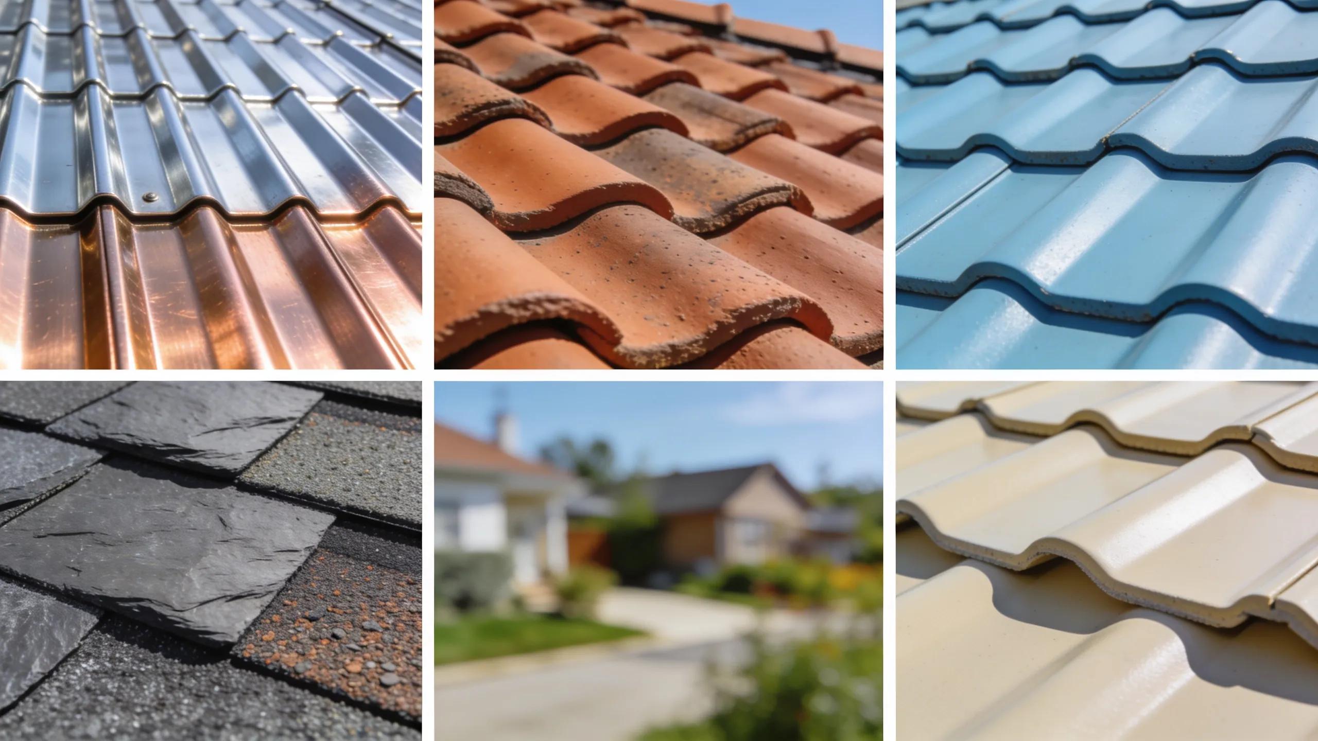 Array of energy-efficient roofing materials including metal sheets and clay tiles