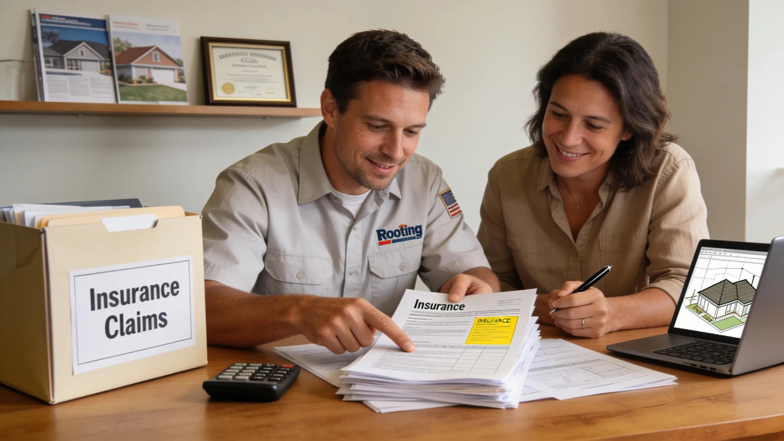 Roofing contractor assisting a homeowner with insurance claim documents