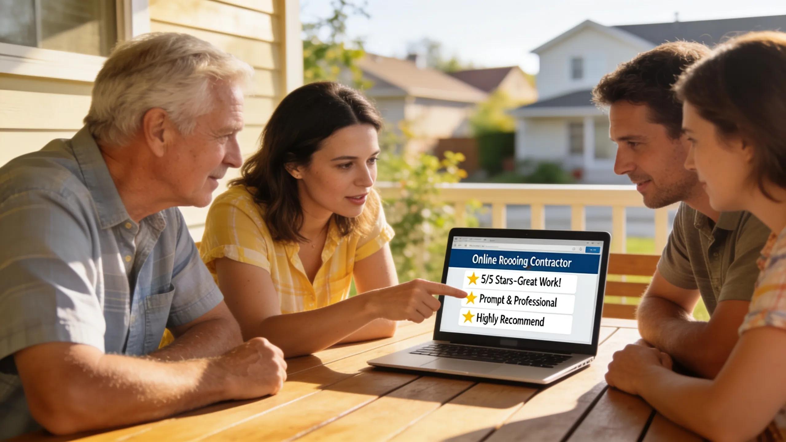 Homeowners discussing roofing contractor reviews and references on a laptop