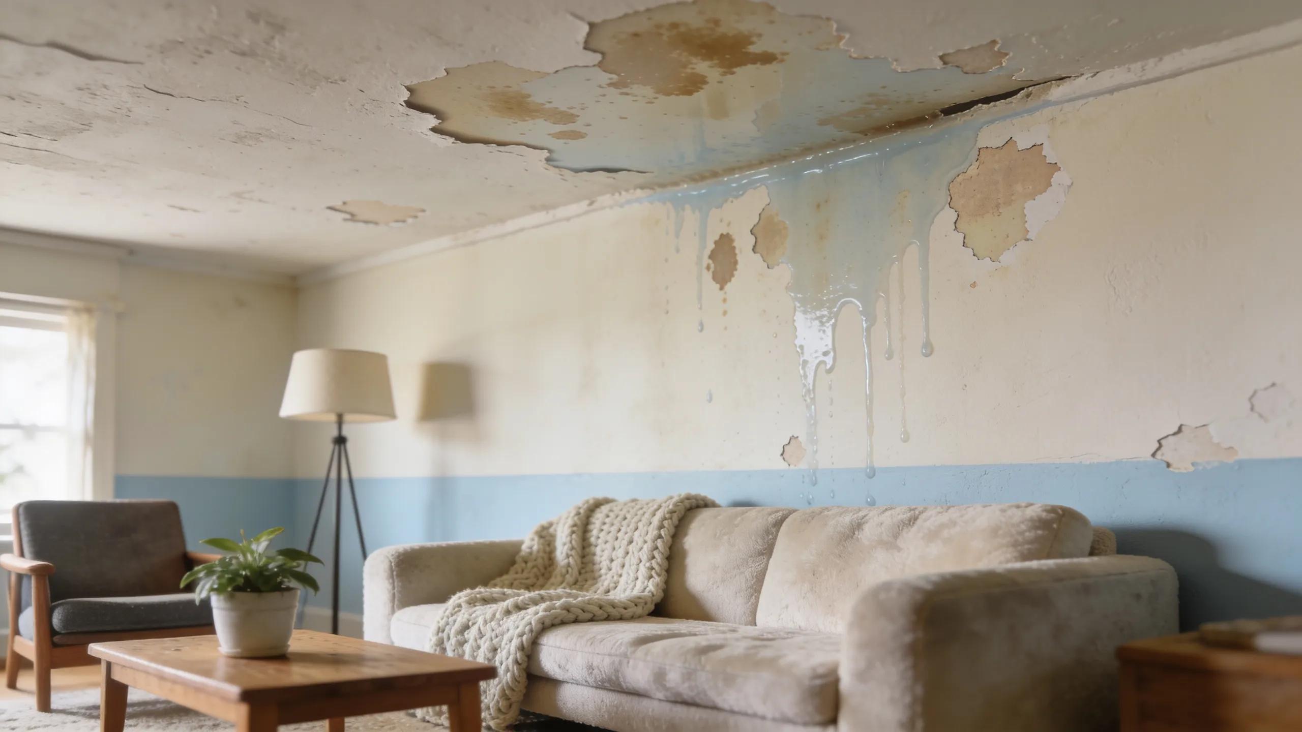 Indoor scene displaying water stains on ceiling and walls indicating roof leak signs