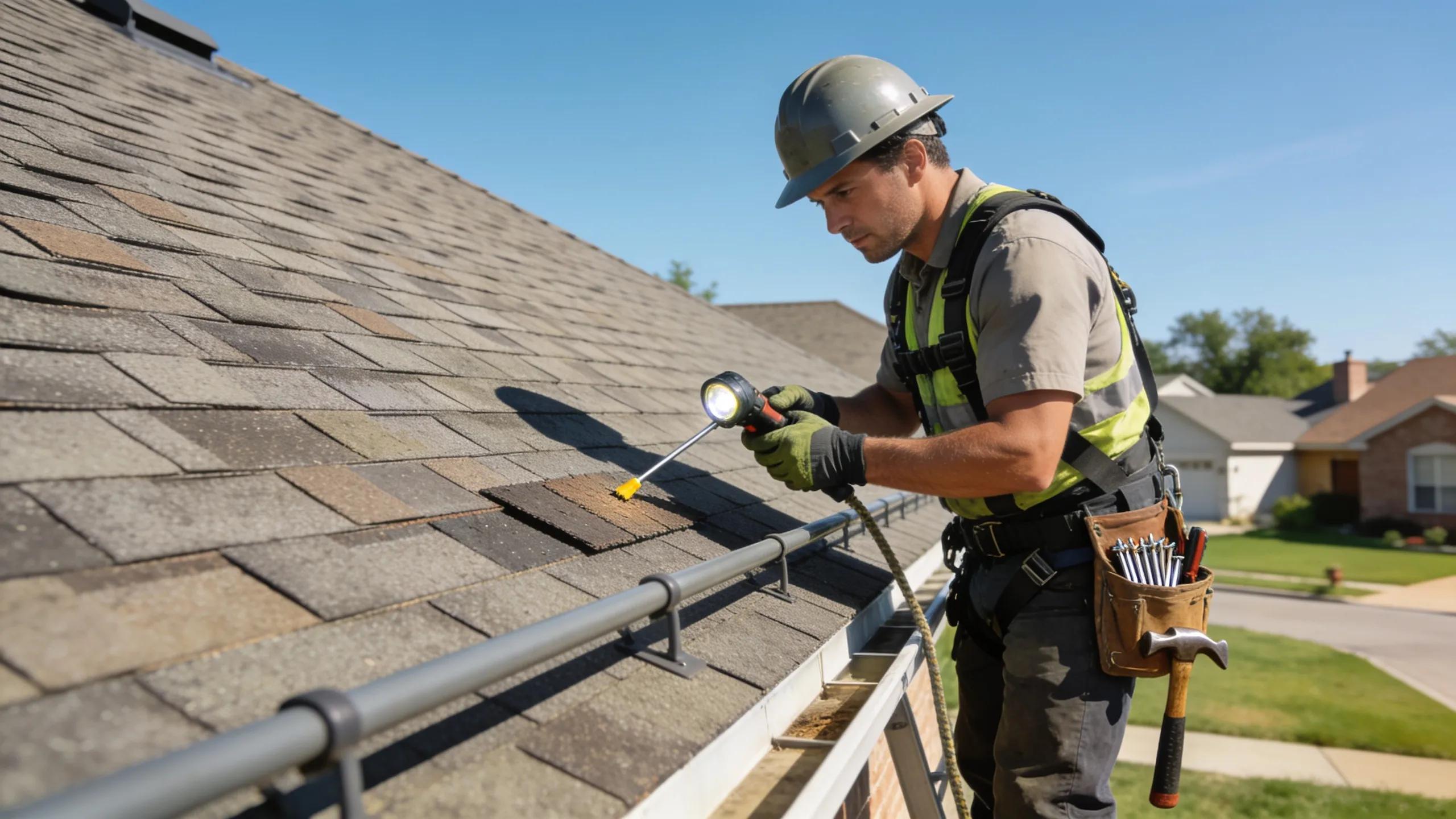 Professional roofing contractor inspecting a roof in Dallas-Fort Worth residential area