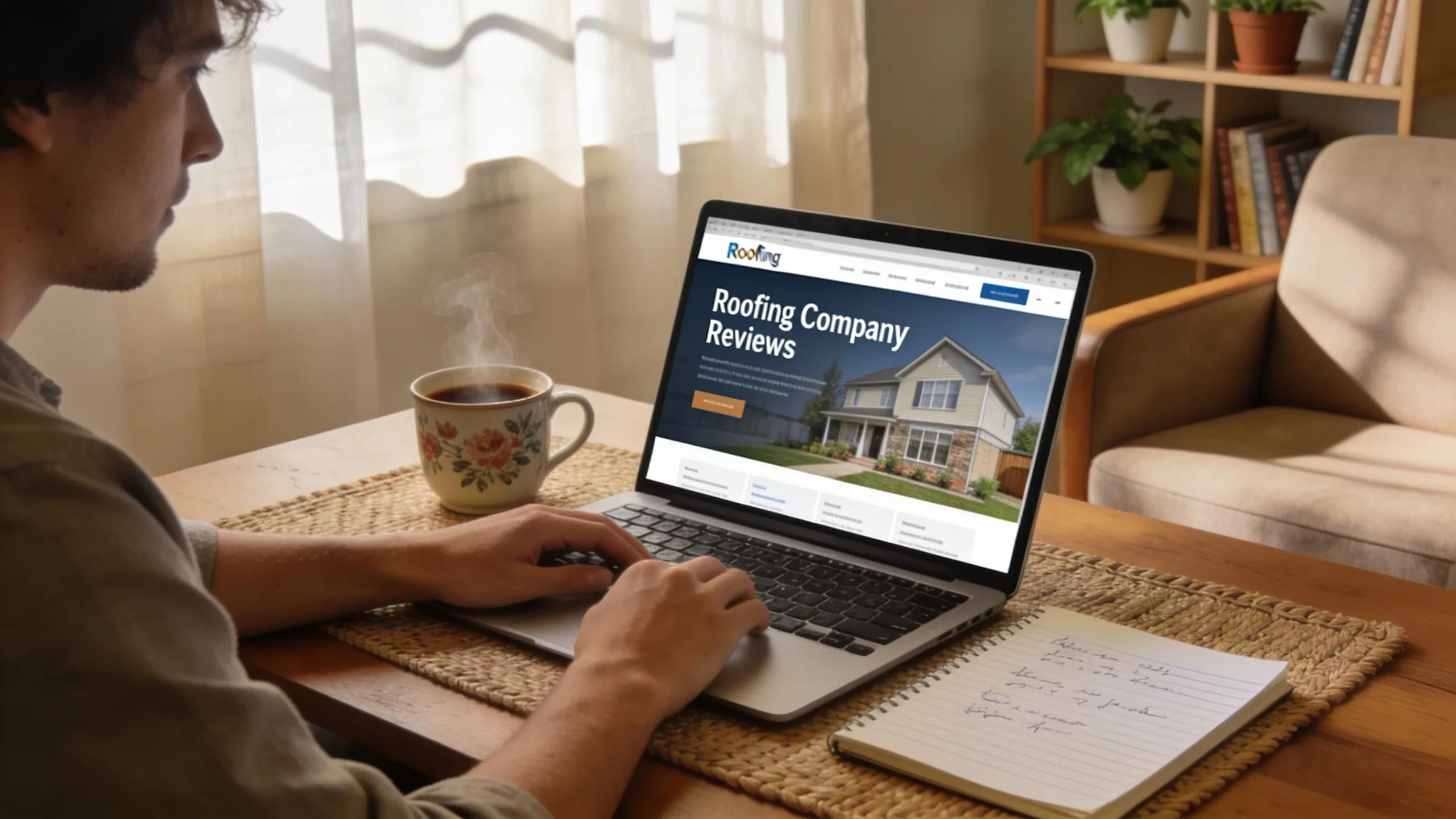 Individual evaluating roofing company reviews online for authentic feedback
