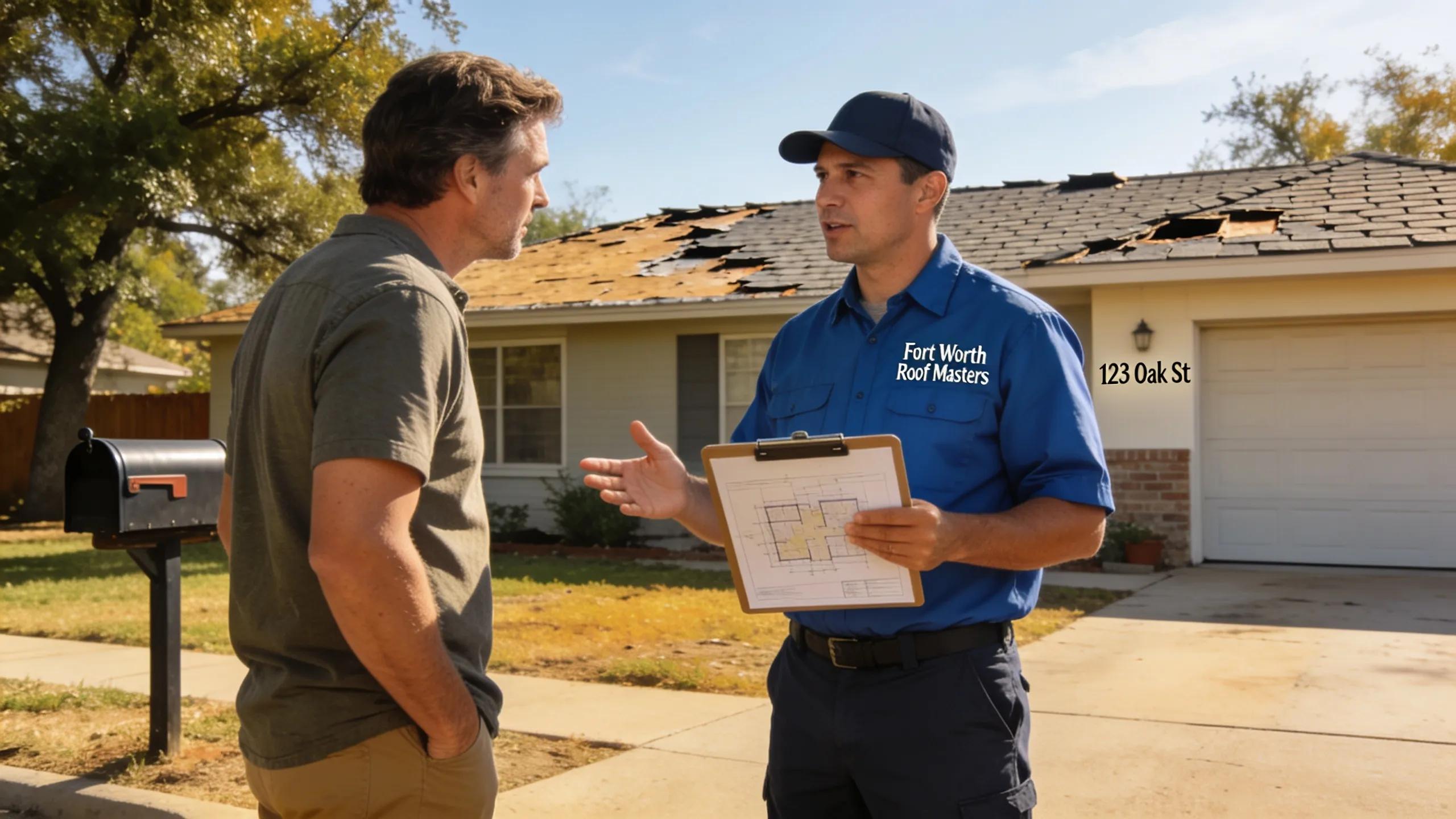 Local roofing contractor consulting with homeowner about roof repair options in Fort Worth