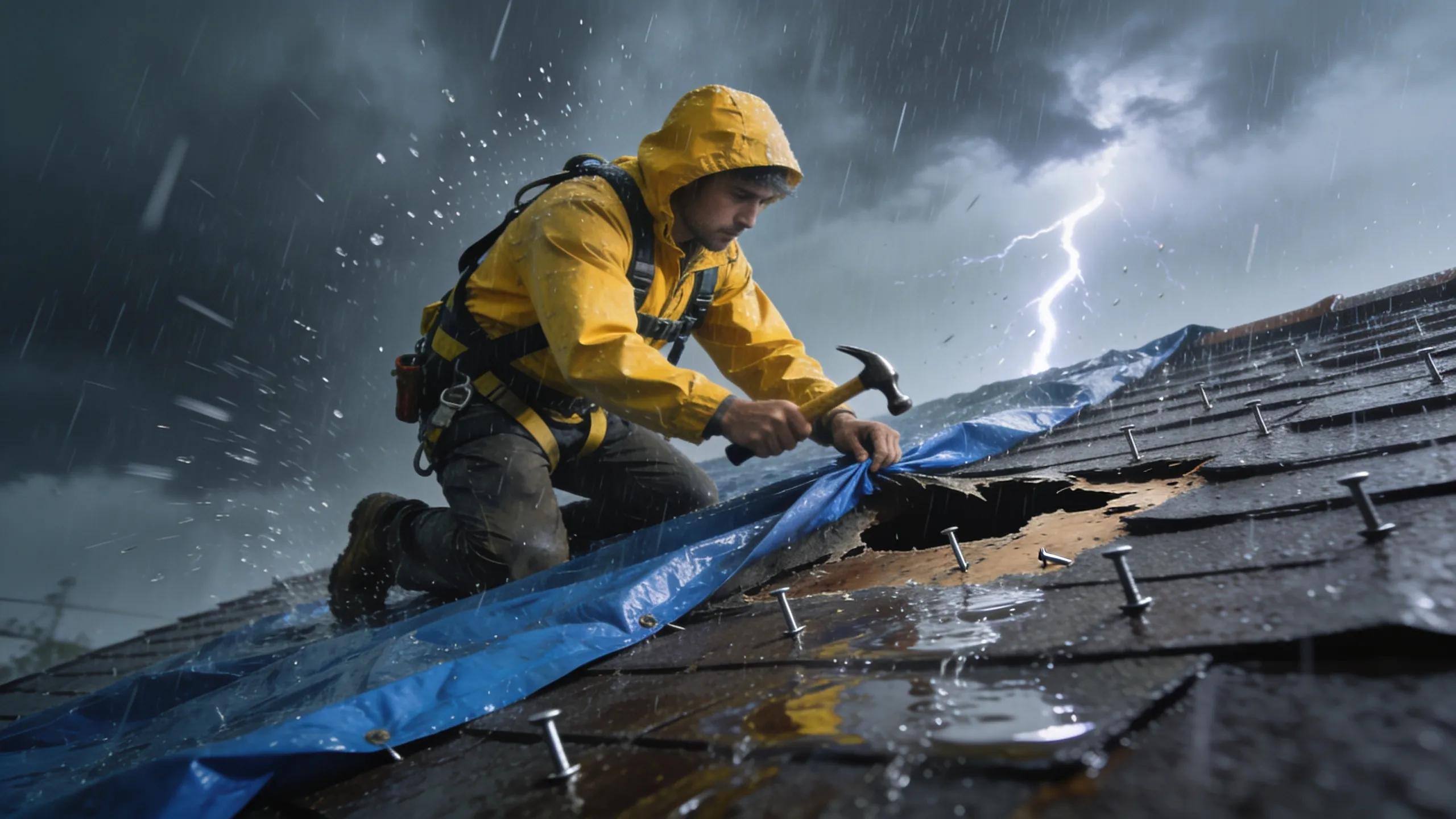 Emergency roof repair during storm, featuring contractor installing tarp to prevent water damage