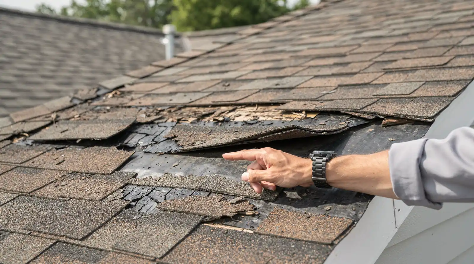 Bare patches after a windstorm, granules in gutters, or roofing pieces in the yard