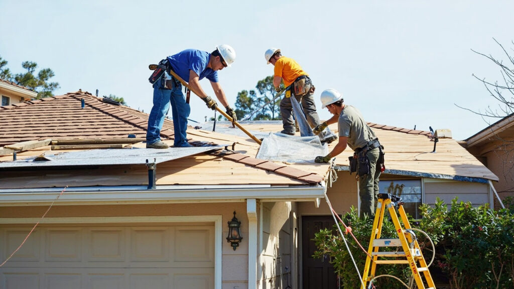 Emergency roof tarping protecting a home before repairs