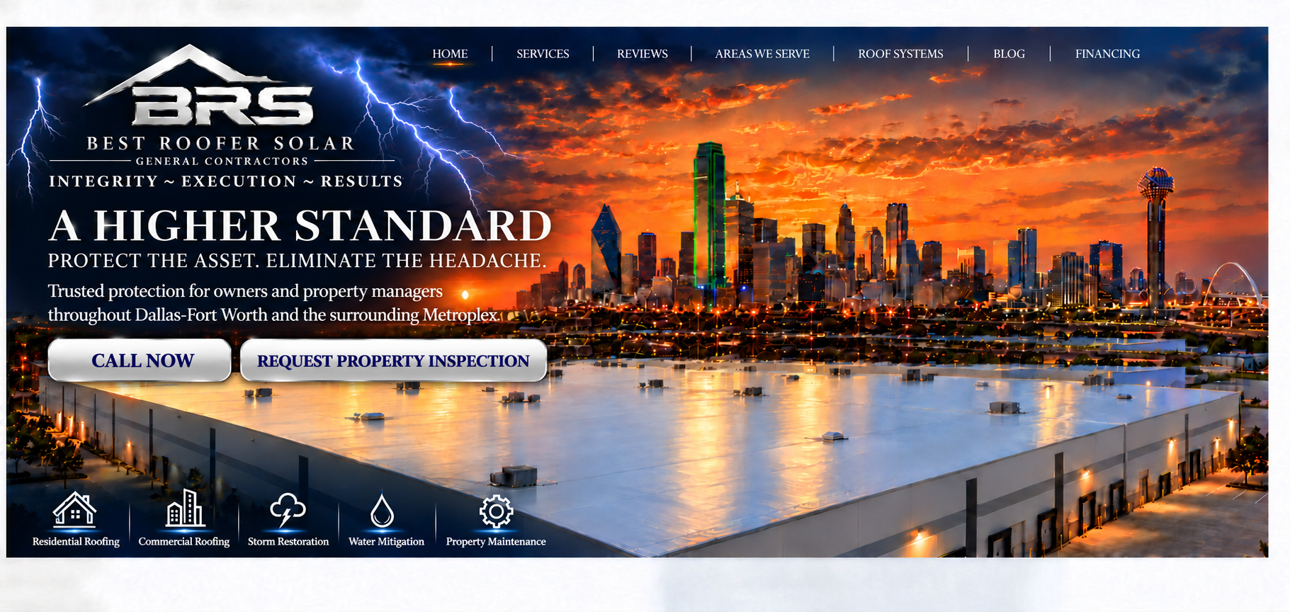 BRS General Contractors homepage design over a dramatic Dallas skyline and large white commercial TPO roof