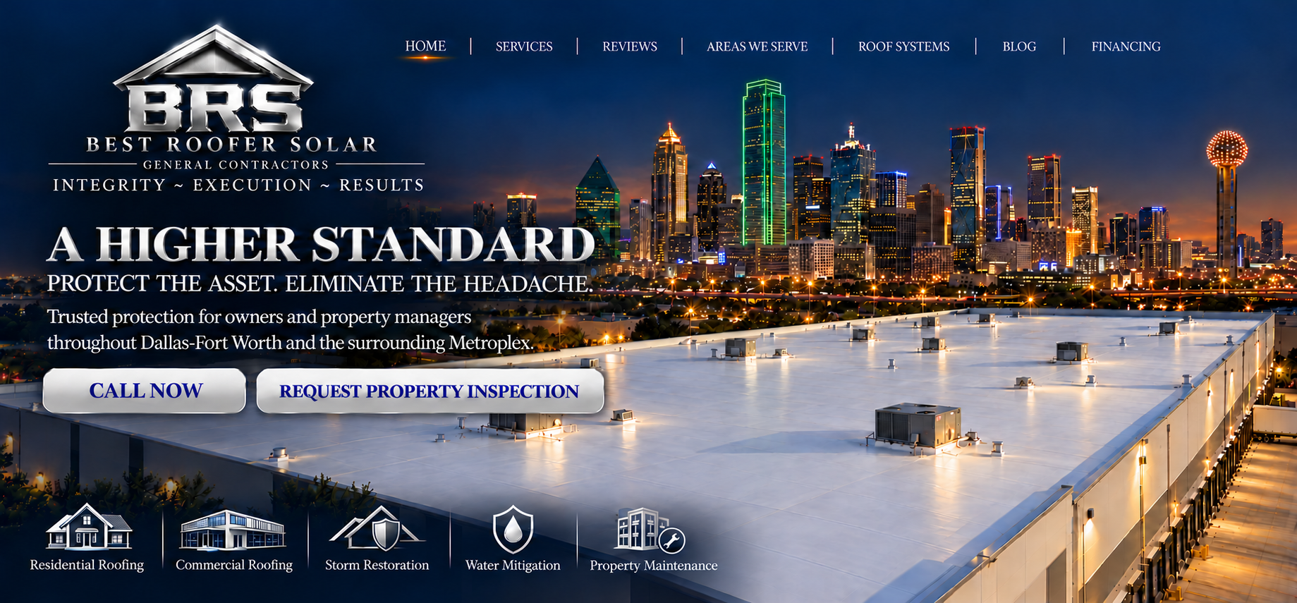 Best Roofer Solar General Contractors. Dallas skyline at night above a white commercial TPO roof.